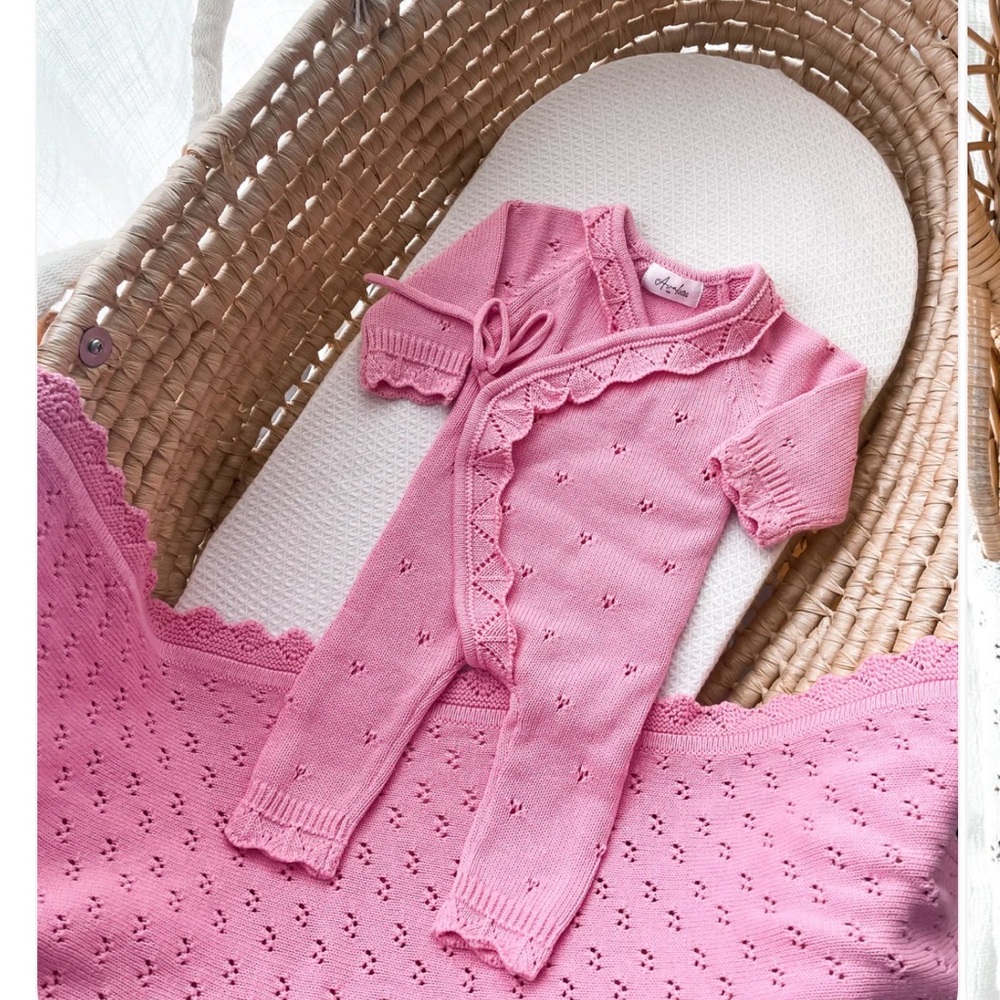 Full Length Pointelle Romper with booties and oversize topknot